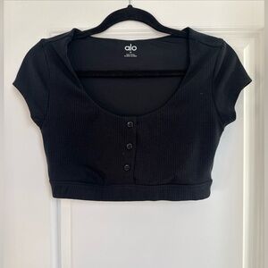 Alo Yoga Blissful Black Henley Ribbed Bra Top Size Small